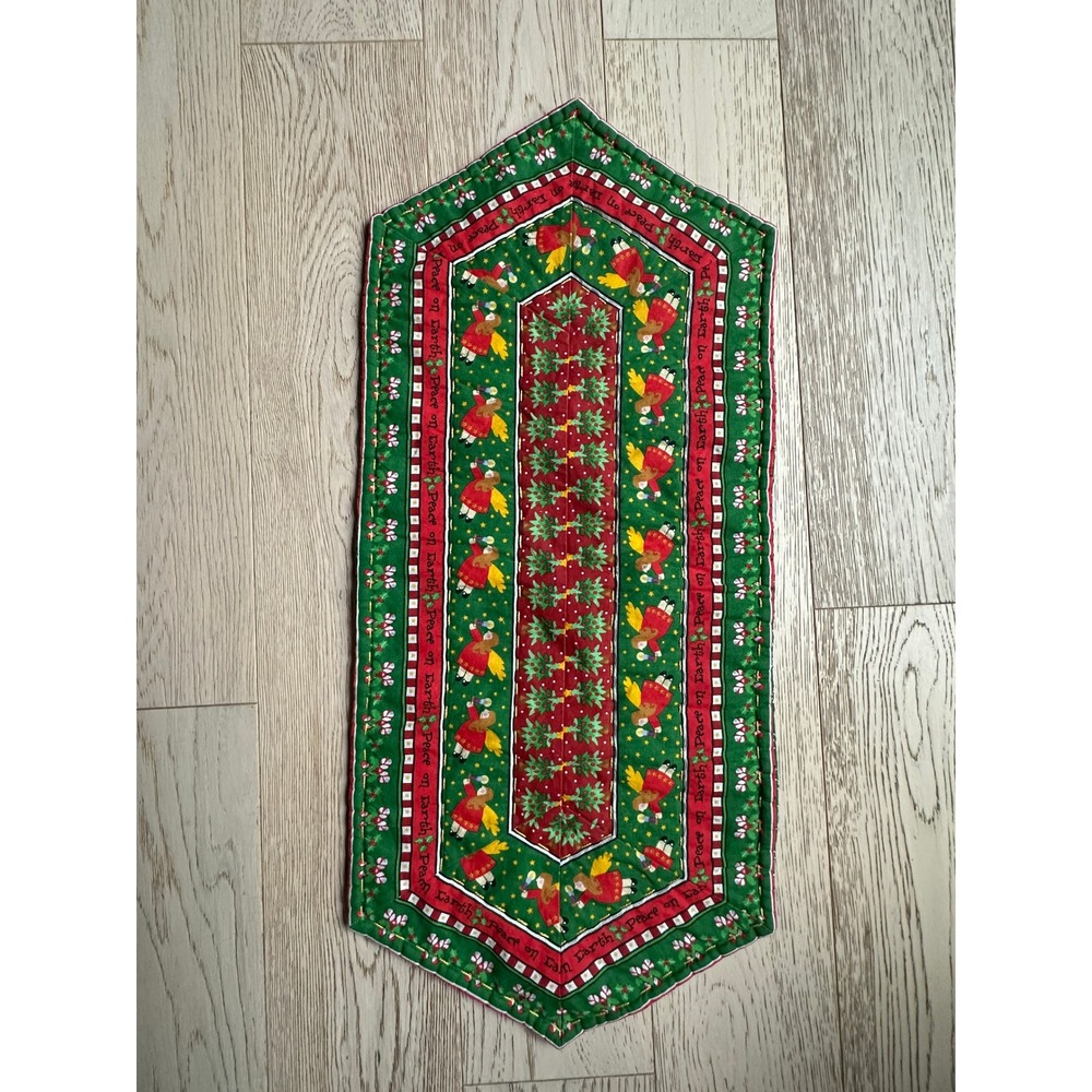 Handmade Quilted Christmas Table Runner Peace on Earth Angel Holly Green Red